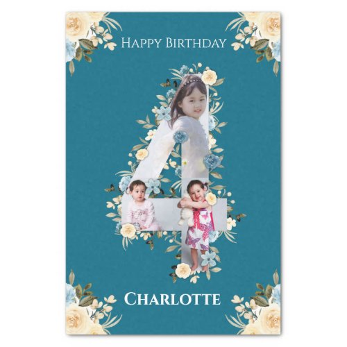 4th Birthday Photo Collage Teal Blue Yellow Flower Tissue Paper