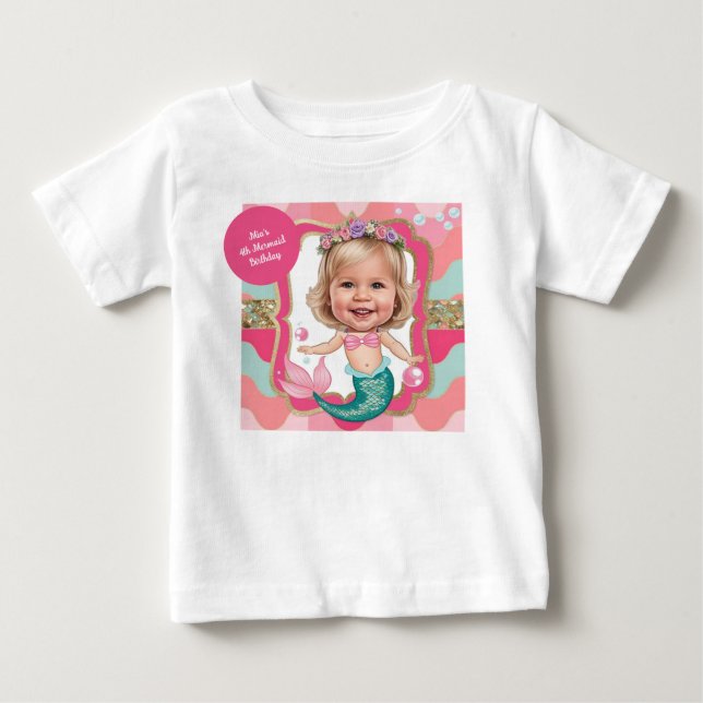 4th Birthday Pink and Teal Mermaid Caricature  Baby T-Shirt (Front)