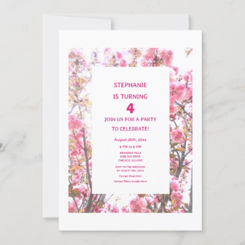 4th Birthday  Pink Cherry Floral Fourth Custom Age Invitation