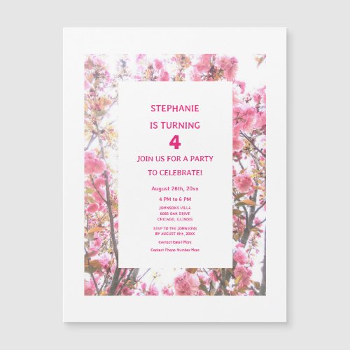 4th Birthday  Pink Cherry Floral Fourth Custom Age Magnetic Invitation