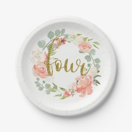 4th Birthday Pink Gold Floral Wreath Paper Plate