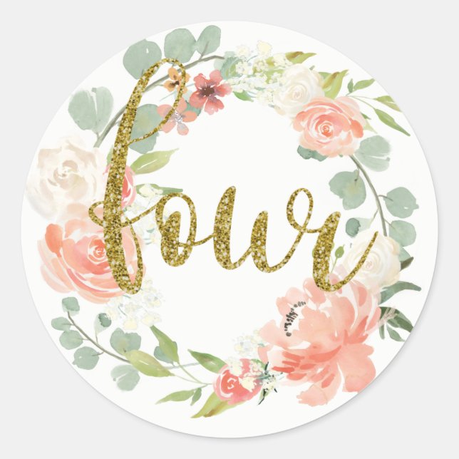 4th Birthday Pink Gold Floral Wreath Sticker (Front)