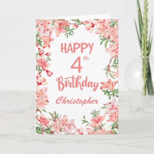 4th Birthday Pink Peach Peonies Watercolor Floral  Card