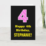 [ Thumbnail: 4th Birthday: Pink Stripes and Hearts "4" + Name Card ]