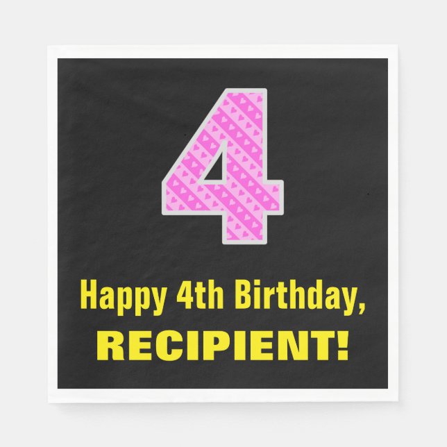 4th Birthday: Pink Stripes and Hearts "4" + Name Napkins (Front)