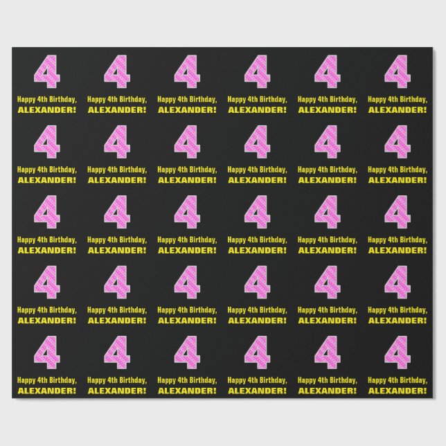 4th Birthday: Pink Stripes and Hearts "4" + Name Wrapping Paper (Flat)