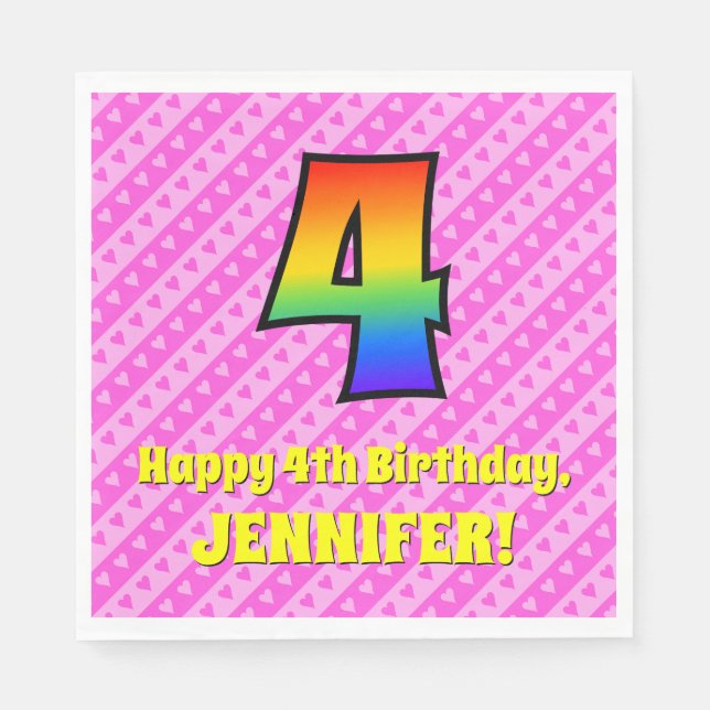 4th Birthday: Pink Stripes & Hearts, Rainbow # 4 Napkins (Front)