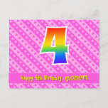 [ Thumbnail: 4th Birthday: Pink Stripes & Hearts, Rainbow 4 Postcard ]