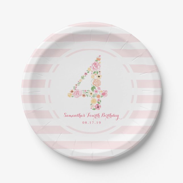 4th Birthday Pink Stripes & Watercolor Floral FOUR Paper Plates (Front)