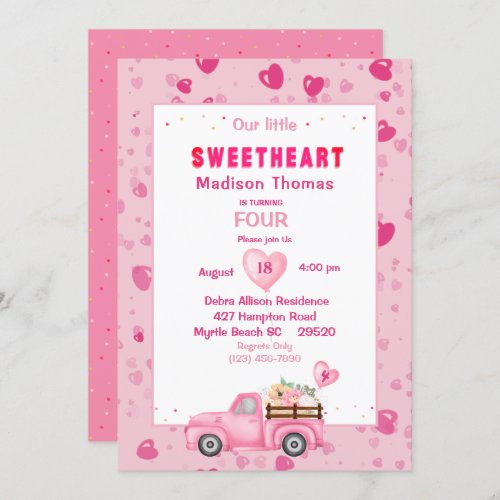 4th Birthday Pink Truck Hearts Party Invitation