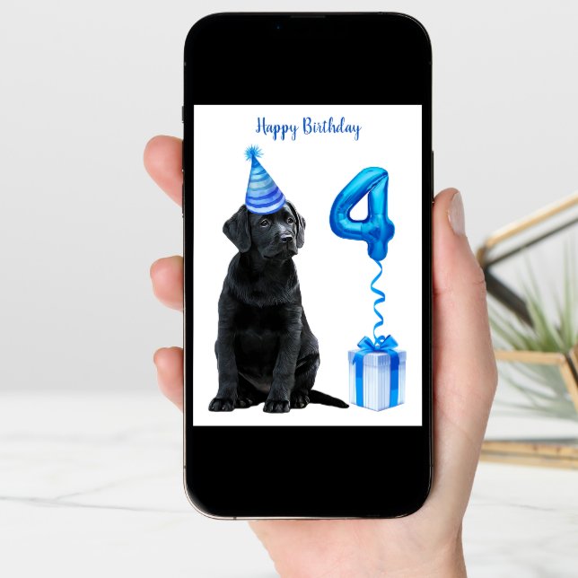4th Birthday Puppy Theme- Cute Dog Blue Boy Pawty Card (Front Digital)
