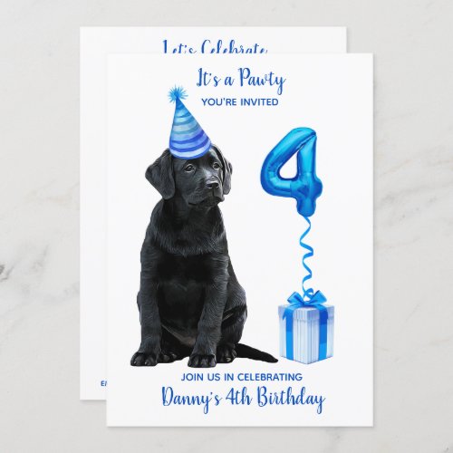 4th Birthday Puppy Theme_ Cute Dog Blue Boy Pawty Invitation