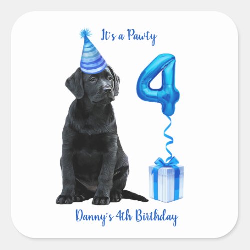 4th Birthday Puppy Theme_ Cute Dog Blue Boy Pawty Square Sticker