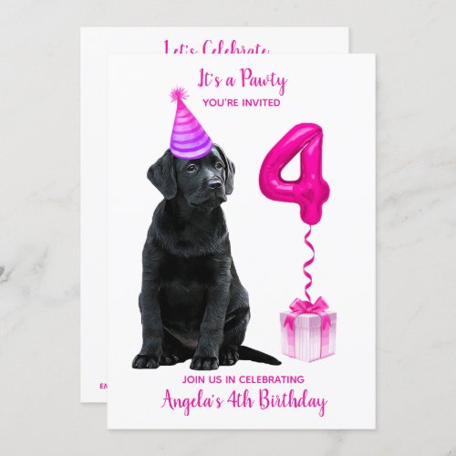 4th Birthday Puppy Theme_ Cute Dog Pink Girl Pawty Invitation