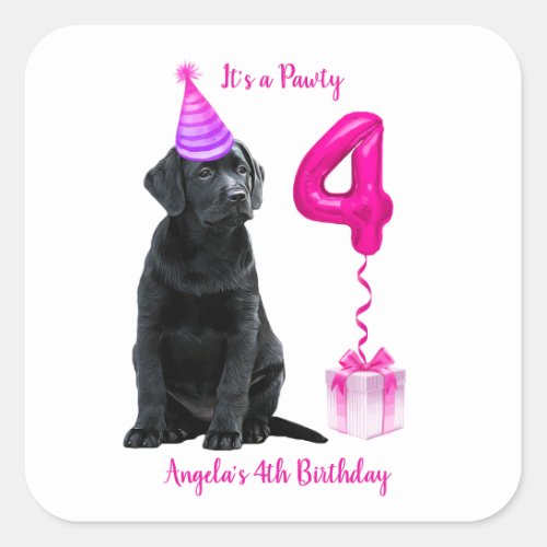 4th Birthday Puppy Theme_ Cute Dog Pink Girl Pawty Square Sticker