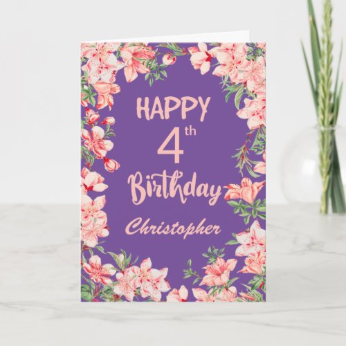 4th Birthday Purple Pink Peach Watercolor Floral Card