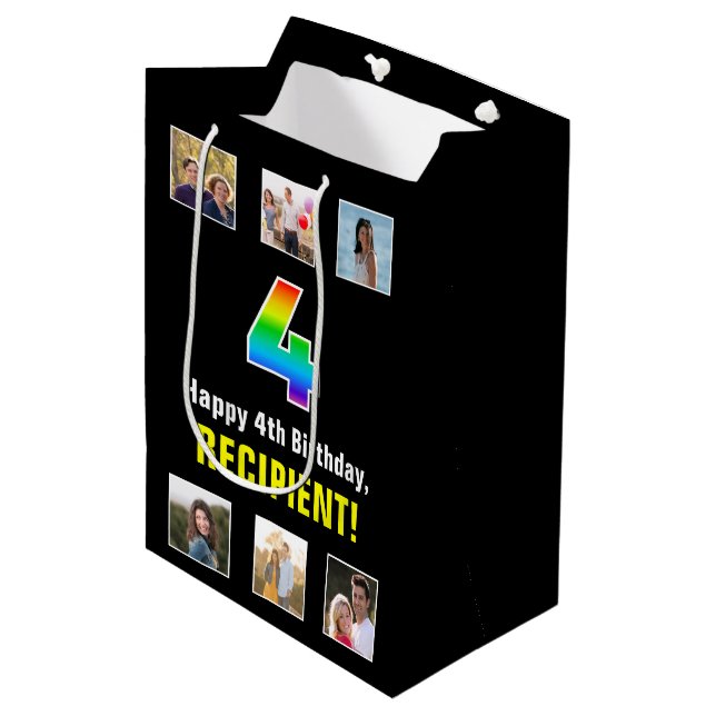 4th Birthday: Rainbow “4“, Custom Photos & Name Medium Gift Bag (Front Angled)