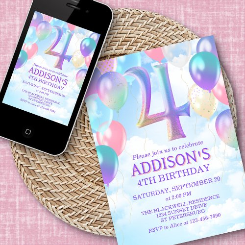 4th Birthday Rainbow Balloons Invitation