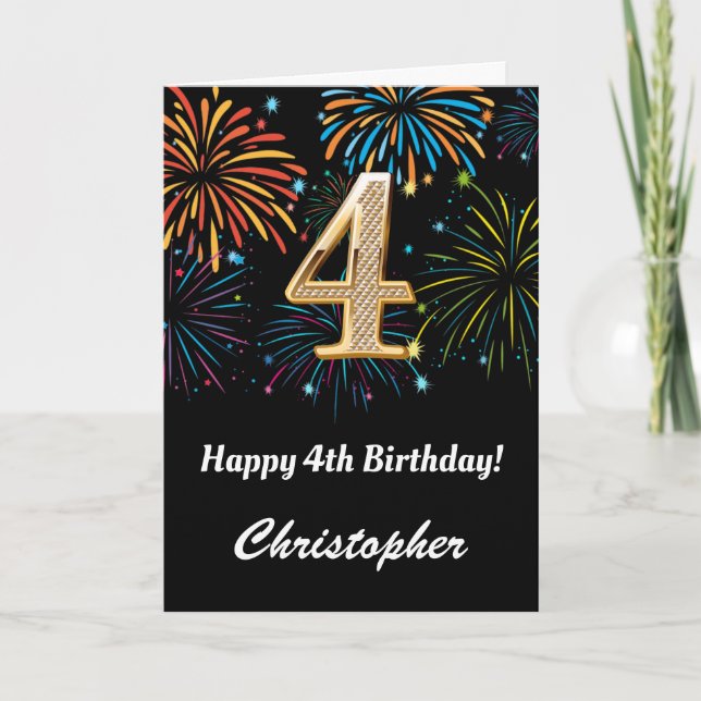 4th Birthday Rainbow Fireworks Black and Gold Card (Front)