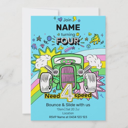 4th Birthday Rainbow Hot Rod Need 4 Speed Invite