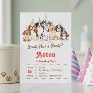 4th Birthday Ready Four a Pawty Puppy Dog Theme Invitation