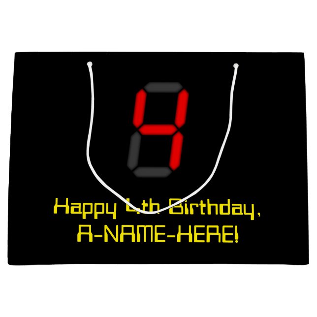 4th Birthday: Red Digital Clock Style "4" + Name Large Gift Bag (Front)