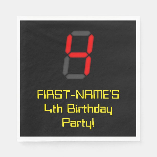 4th Birthday: Red Digital Clock Style "4" + Name Napkins (Front)