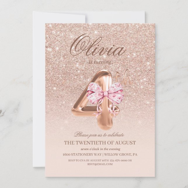 4th Birthday Rose Pink Gold  Bow Birthday Party  Invitation (Front)