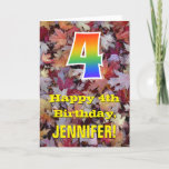 [ Thumbnail: 4th Birthday; Rustic Autumn Leaves; Rainbow "4" Card ]