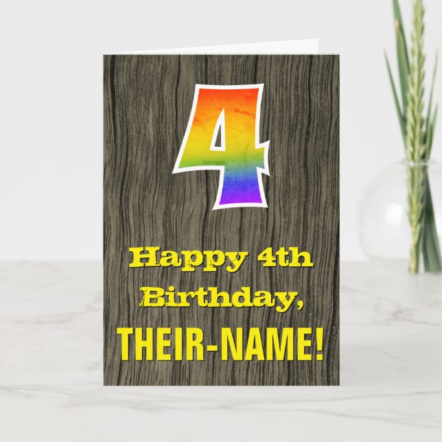4th Birthday: Rustic Faux Wood Look, Rainbow "4" Card (Front)