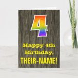 [ Thumbnail: 4th Birthday: Rustic Faux Wood Look, Rainbow "4" Card ]
