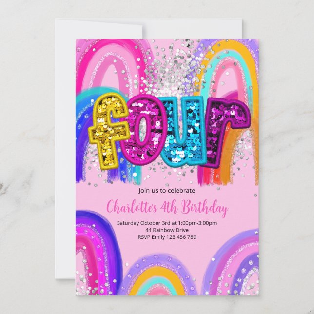 4th Birthday Sequin Rainbow Party Invitation (Front)