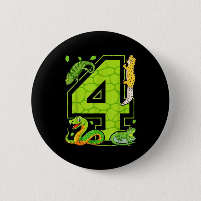 4th Birthday Snake Lizard Reptile 4 Year Old Party Button (Front)
