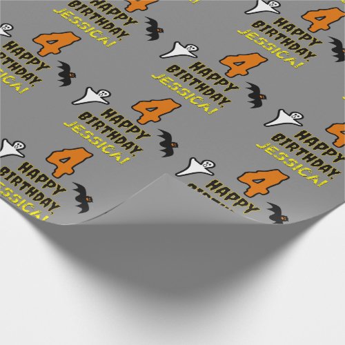 4th Birthday Spooky Halloween Theme  Custom Name Wrapping Paper