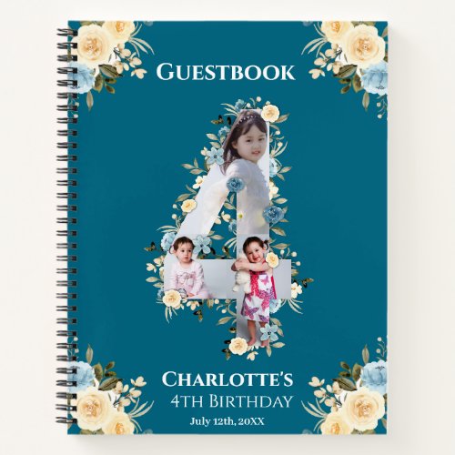 4th Birthday Teal Flower Photo Yellow Guest Book
