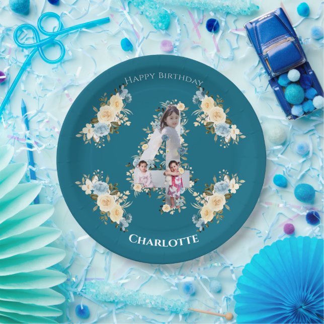 4th Birthday Teal Photo Collage Blue Yellow Flower Paper Plates (Party)