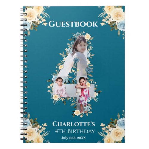4th Birthday Teal Photo Yellow Flower Guest Book