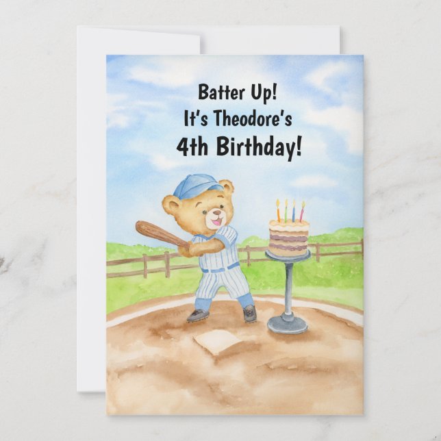 4th Birthday Tee Ball Teddy Bear Baseball Invitation (Front)
