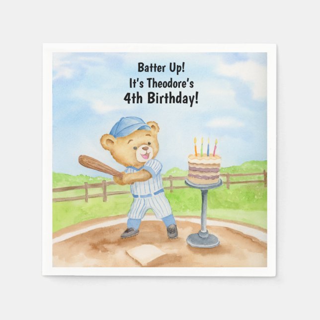4th Birthday Tee Ball Teddy Bear Baseball Napkins (Front)