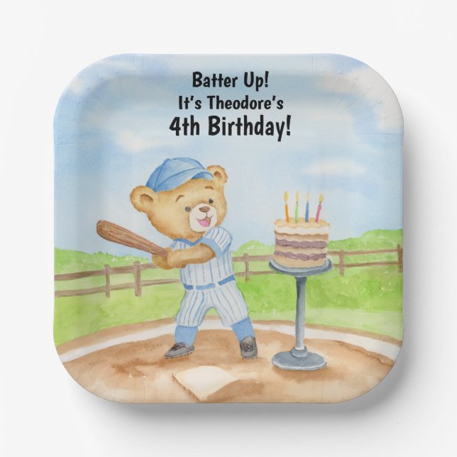4th Birthday Tee Ball Teddy Bear Baseball Paper Plates (Front)