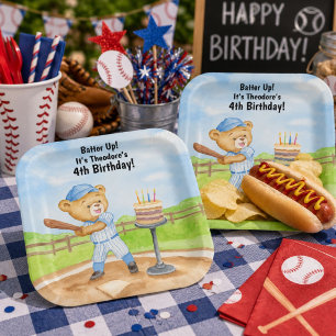 4th Birthday Tee Ball Teddy Bear Baseball Paper Plates