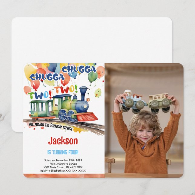 4th Birthday Train Party Photo Invitation (Front/Back)