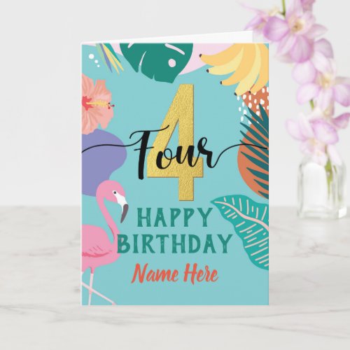 4th Birthday Tropical Flamingo Botanical Flower Card