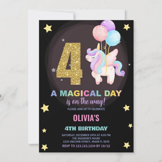 4th Birthday Unicorn Birthday Invitations (Front)
