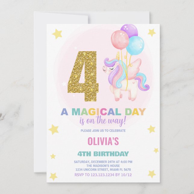 4th Birthday Unicorn Birthday Invitations (Front)