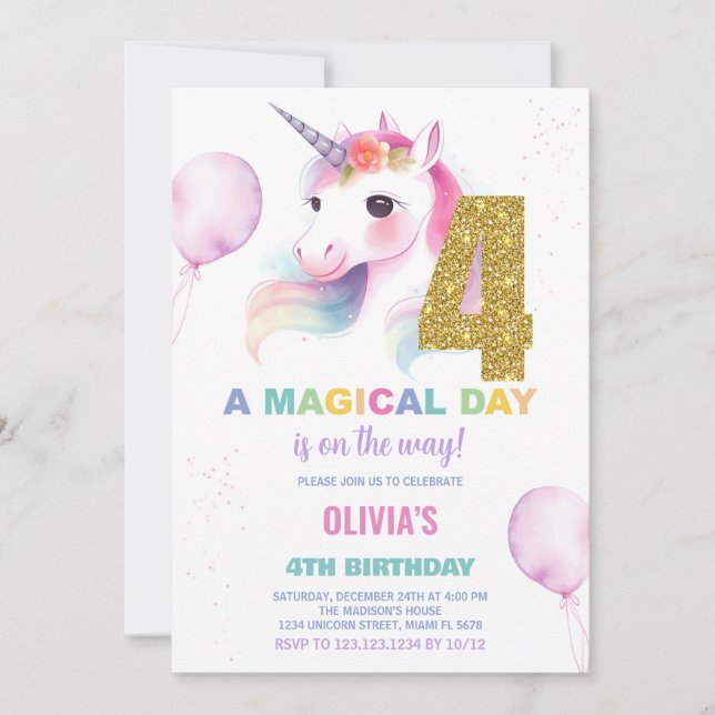 4th Birthday Unicorn Birthday Invitations (Front)