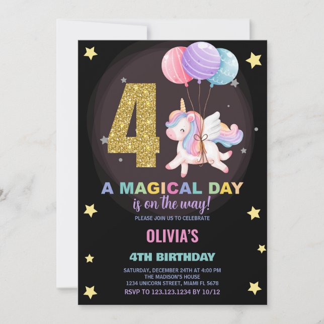 4th Birthday Unicorn Birthday Invitations (Front)