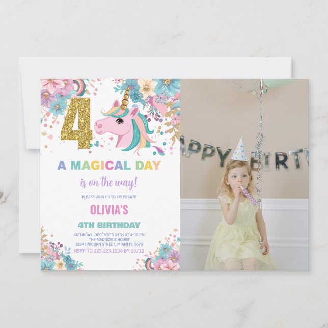 4th Birthday Unicorn Birthday Invitations photo (Front)