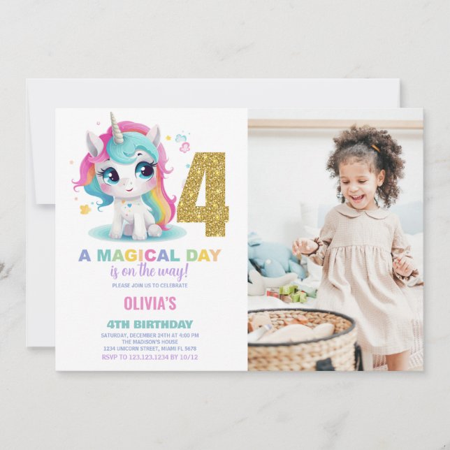 4th Birthday Unicorn Birthday Invitations photo (Front)