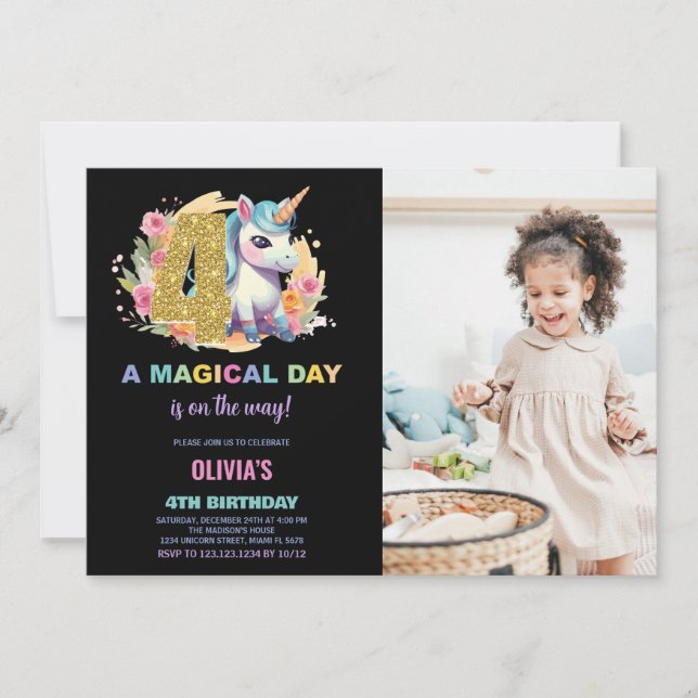 4th Birthday Unicorn Birthday Invitations photo (Front)